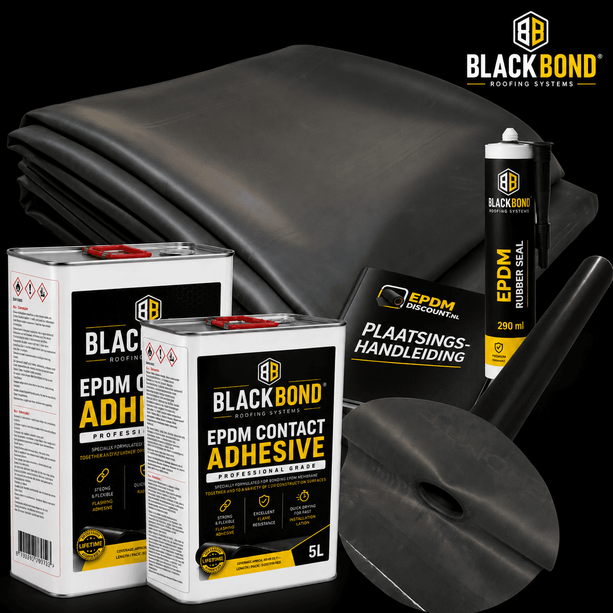 BlackBond EPDM dakfolie, contactlijm en afvoer